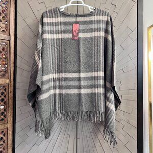 NWT Peruvian Connection 100% Alpaca Wool Grey Gray Plaid Poncho One Size…